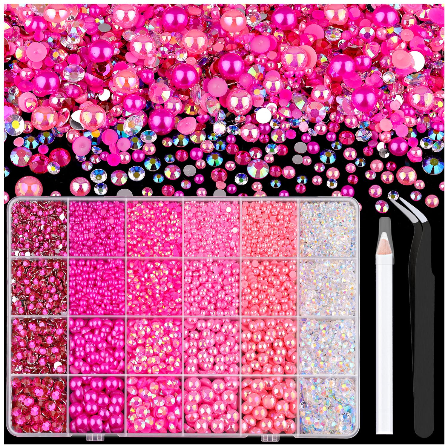 TINKRSTUFF 9000pcs flatback pearls and rhinestones box, ideal for versatile crafts and nails.