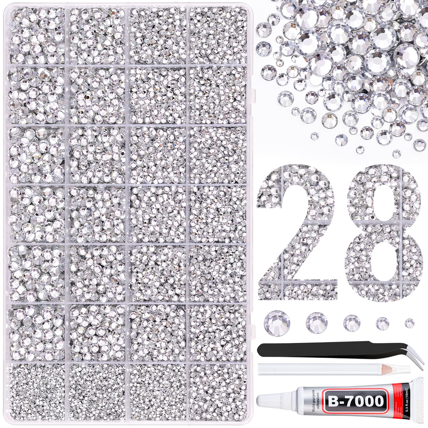 TINKRSTUFF box contents show 30,000 resin rhinestones for versatile bedazzling projects.