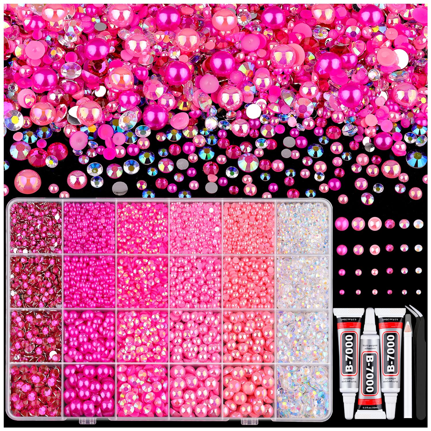 TINKRSTUFF hot pink flatback pearls and rhinestones kit box for DIY projects