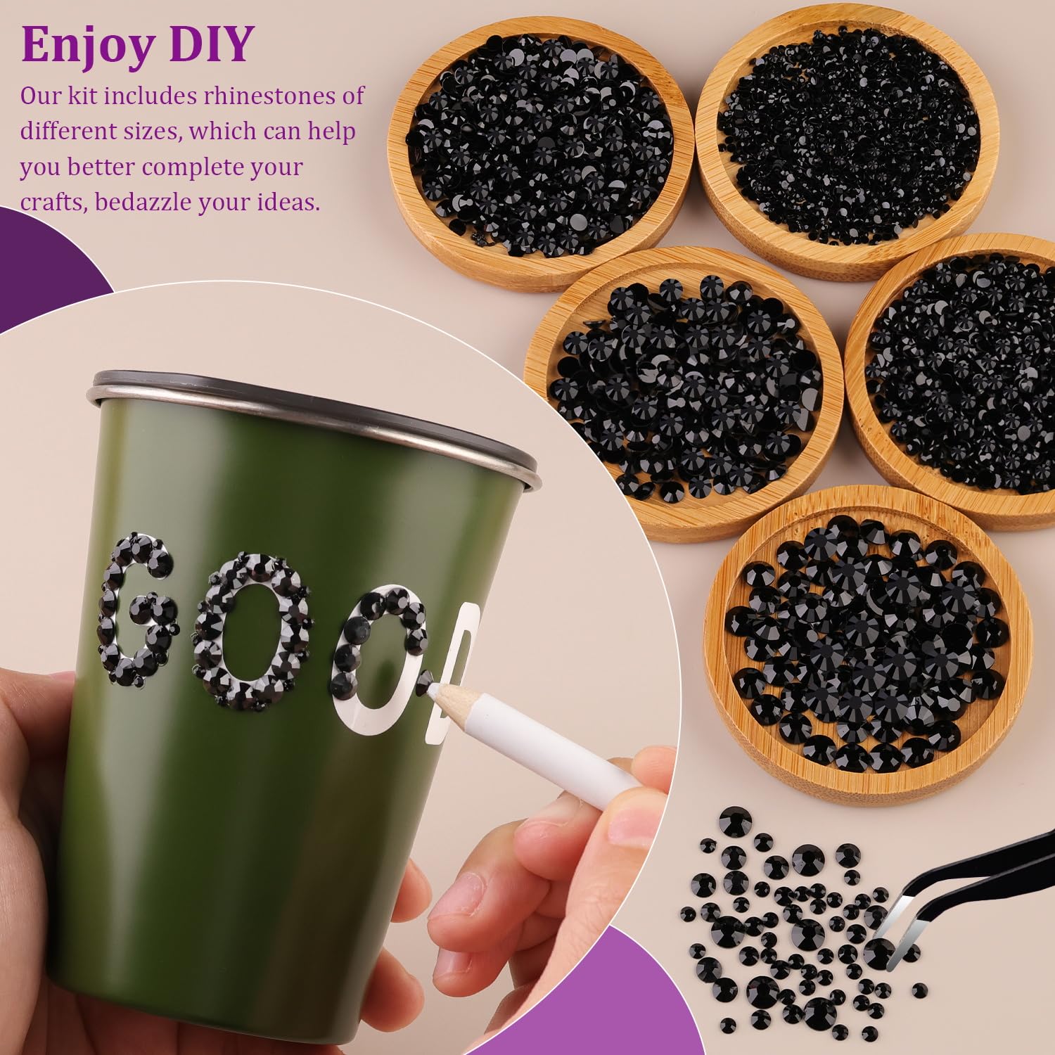 TINKRSTUFF rhinestones with tweezers and pickup pen for easy placement.