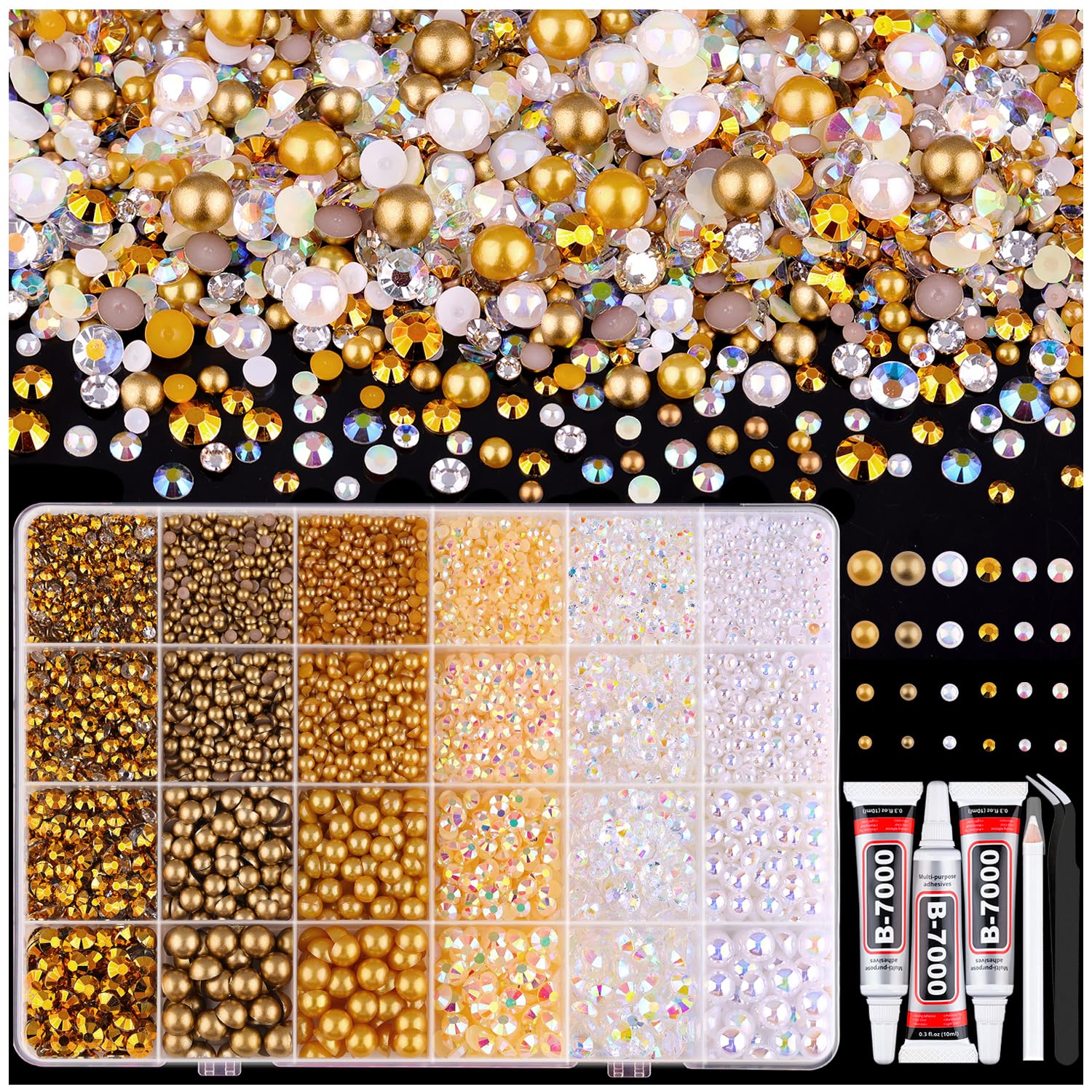 TINKRSTUFF mixed-size pearls and rhinestones ideal for nail art and crafts.