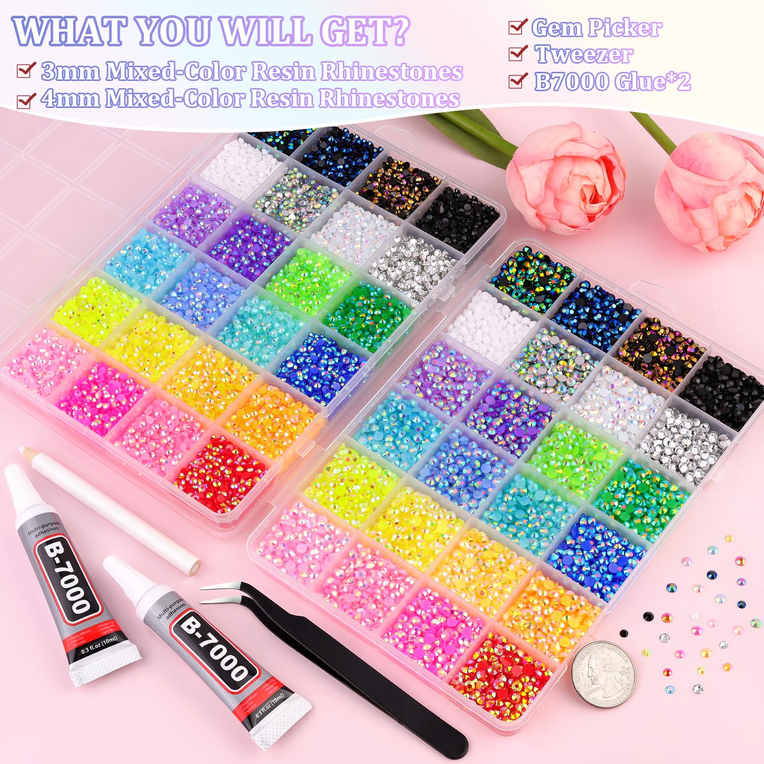 Two TINKRSTUFF storage boxes with 24 grids organized for rhinestones.