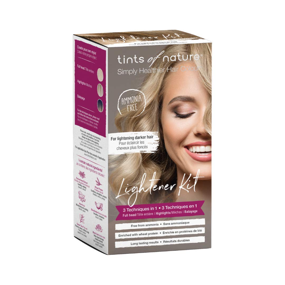 Tints of Nature 3-in-1 Lightener kit bottle pour shows a natural, gentle lift.