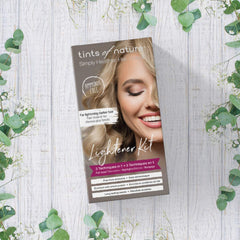 Tints of Nature lightener pack close-up highlights vegan ingredients and premium formula.