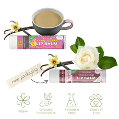 TINY SEED Vanilla Rose lip balm tube; floral scent with lasting moisture