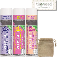Tiny Seed vegan lip balm set Lavender Coconut tube in gift-ready packaging
