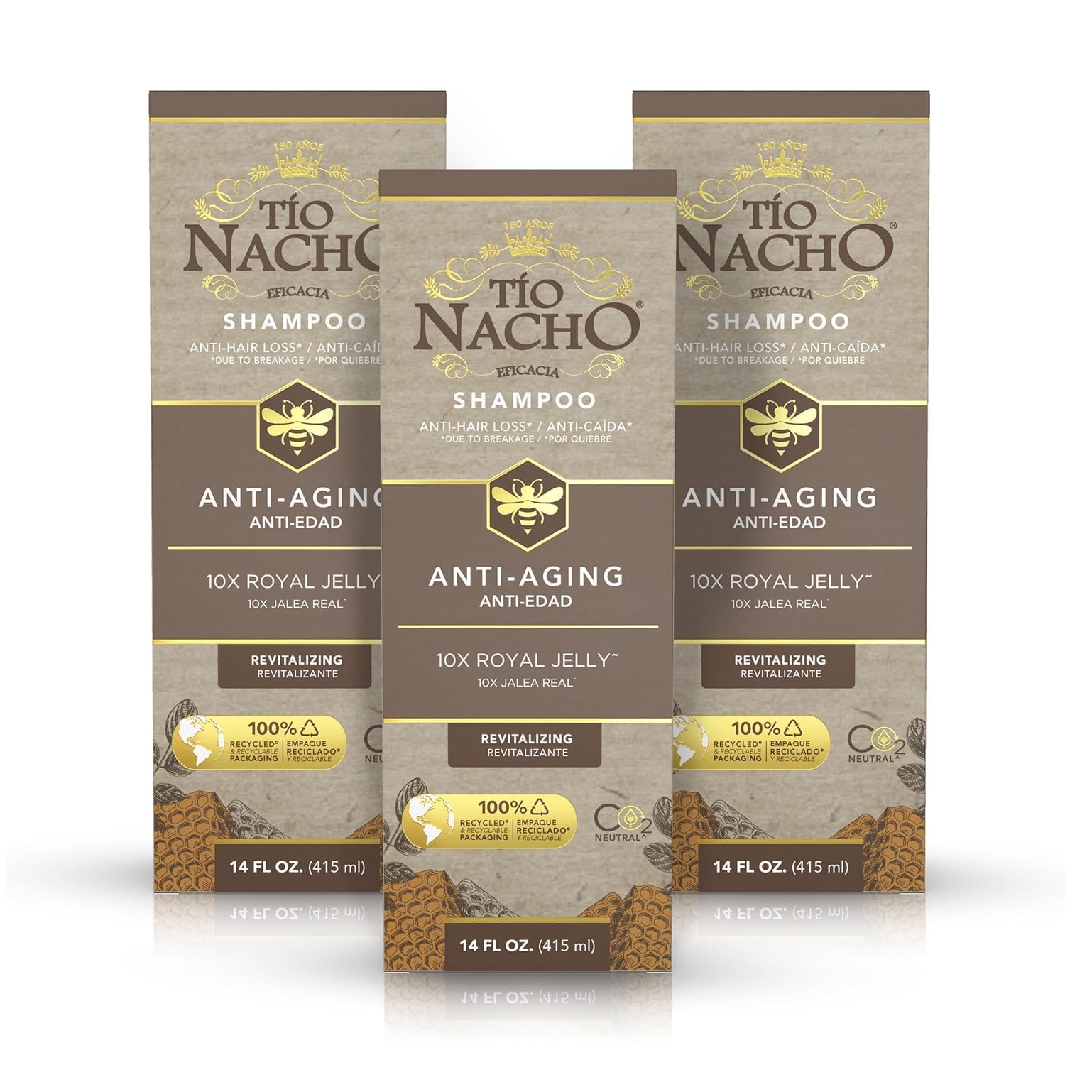 Tio Nacho anti-aging shampoo bottle featuring royal jelly promotes nourished aging hair.