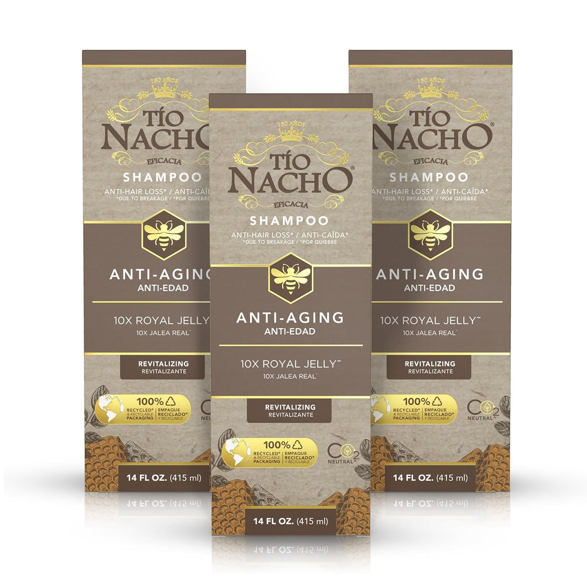 Tio Nacho anti-aging shampoo bottle featuring royal jelly promotes nourished aging hair.