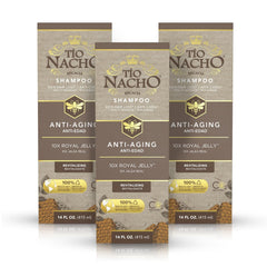Tio Nacho anti-aging shampoo bottle featuring royal jelly promotes nourished aging hair.