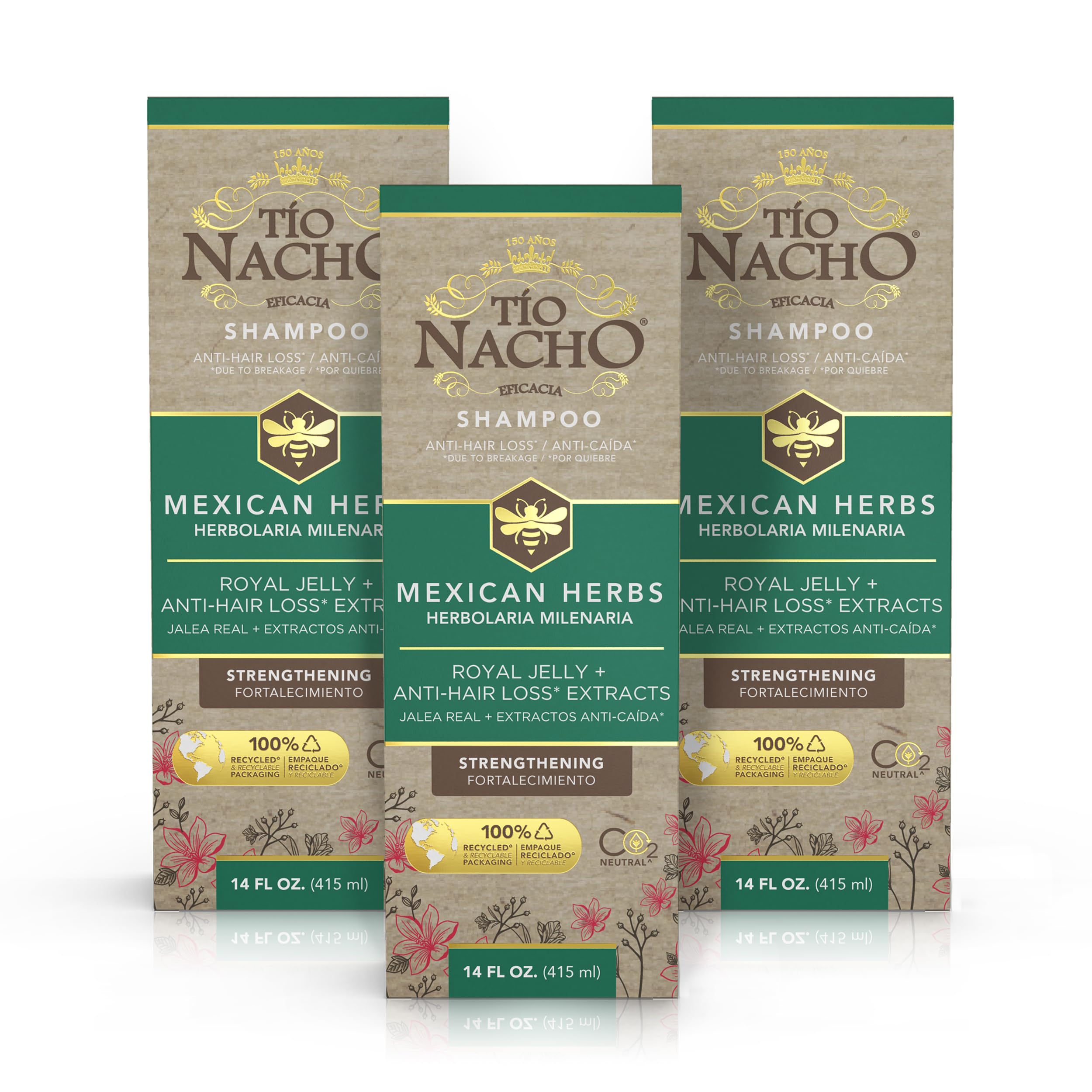 Tio Nacho anti-hair loss shampoo bottle pour supports daily scalp nourishment.