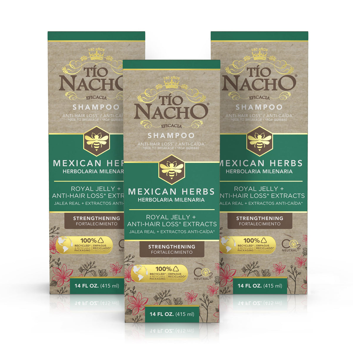Tio Nacho anti-hair loss shampoo bottle pour supports daily scalp nourishment.