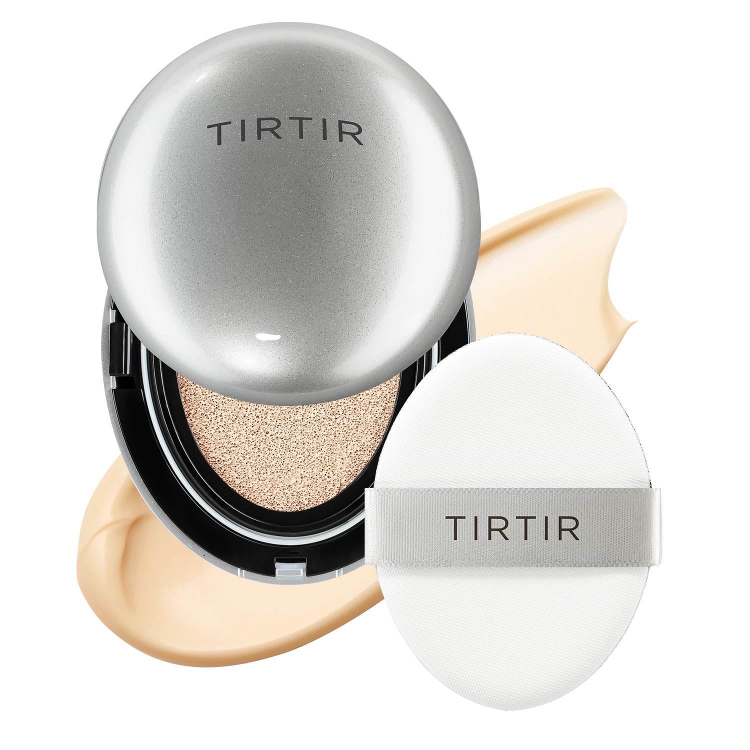 TIRTIR Mask Fit Aura Silver Cushion bottle showcases a radiant semi-glow finish for a natural look.