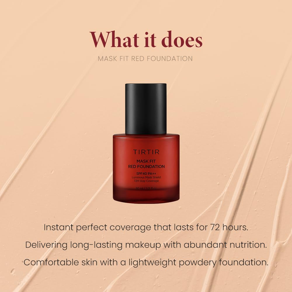 TIRTIR Mask Fit Red Foundation swatches show porcelain shade suitability for fair complexions.