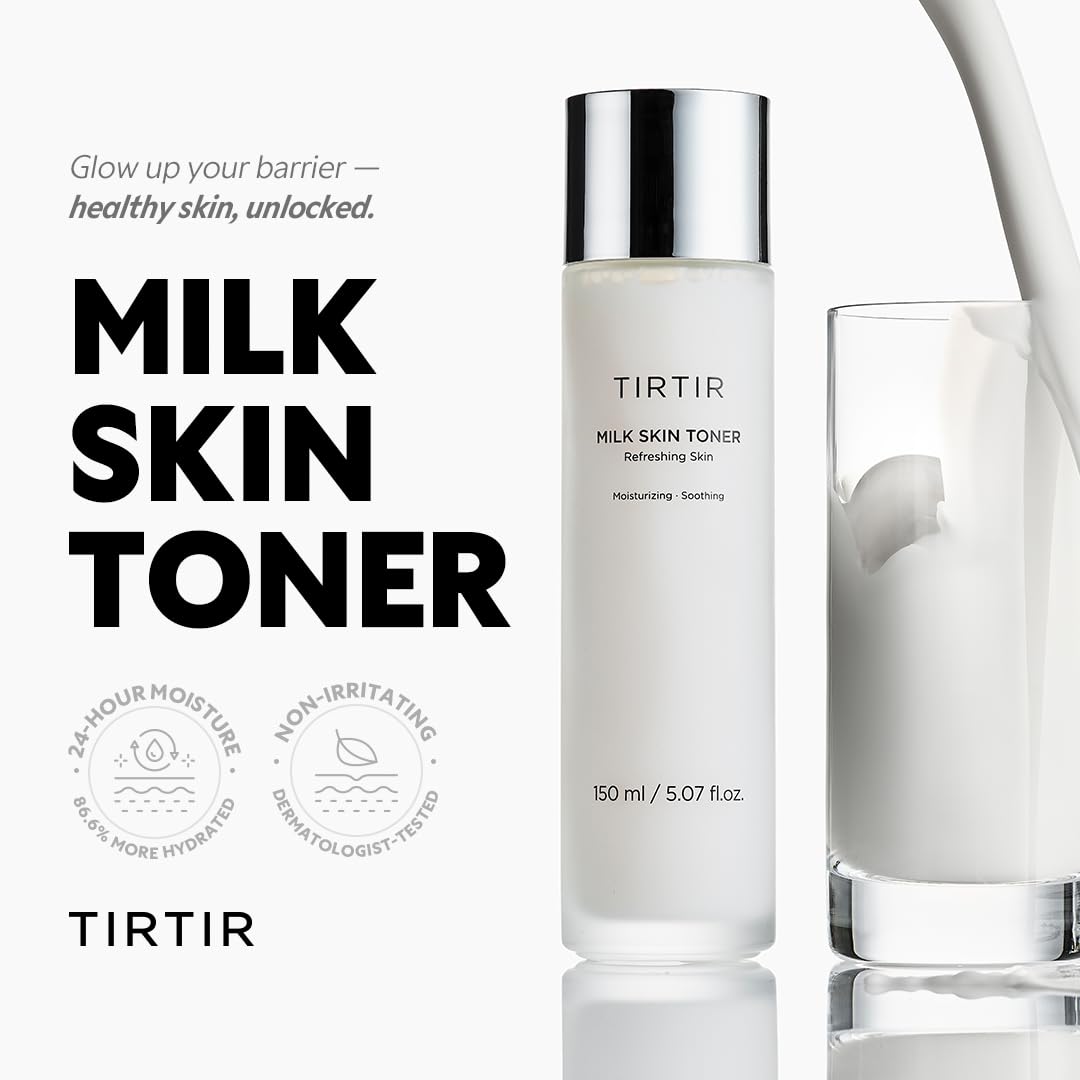 TIRTIR Milk Skin Toner bottle-dispense demonstrating easy application and quick absorption