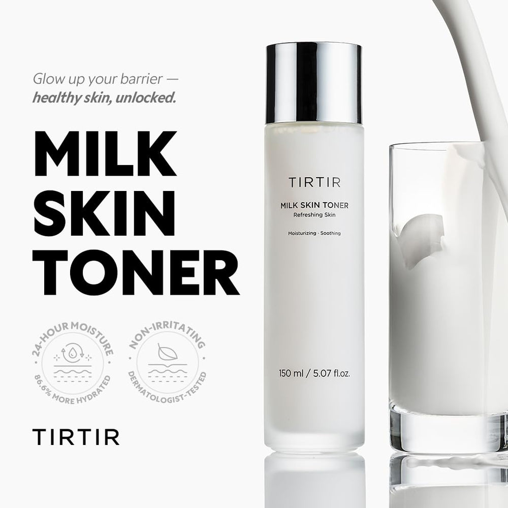 TIRTIR Milk Skin Toner bottle-dispense demonstrating easy application and quick absorption