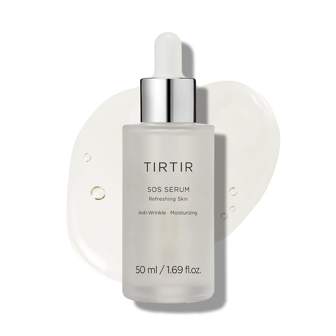 TIRTIR SOS Serum bottle close-up highlighting hydrating glow formula for all skin types.