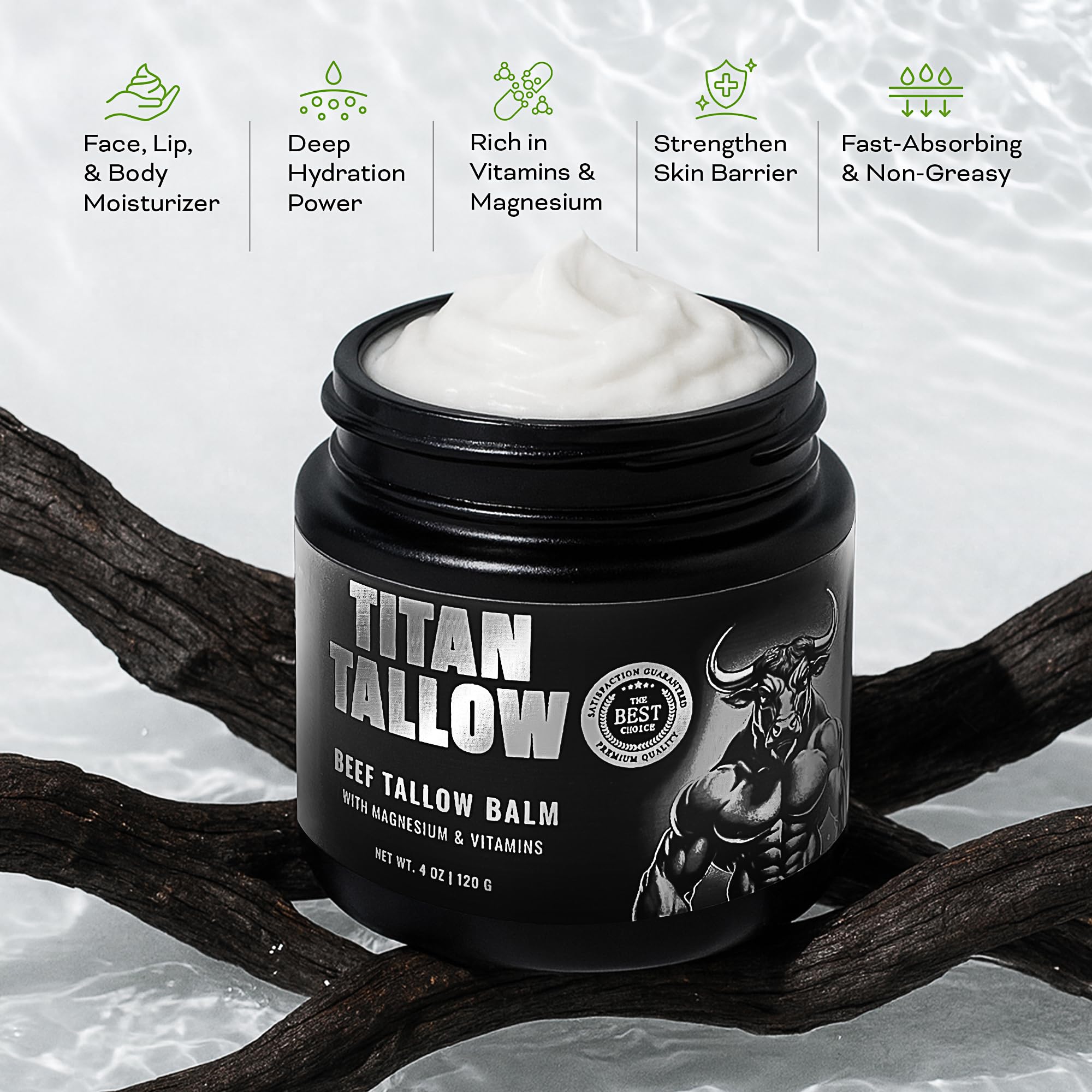 Titan Tallow all-in-one care illustrates multi-use moisturizer for face, body, lips.