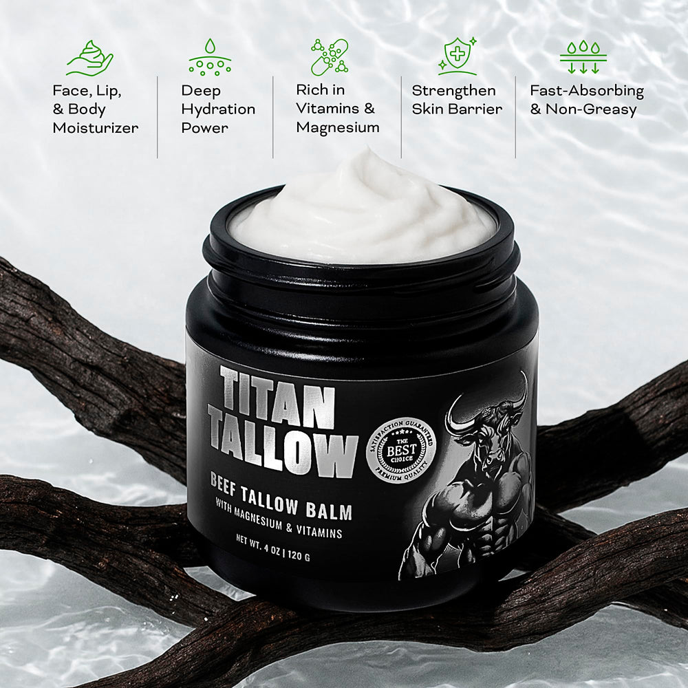 Titan Tallow all-in-one care illustrates multi-use moisturizer for face, body, lips.