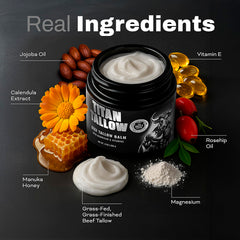 Titan Tallow balm application on skin shows quick-absorbing hydration without greasiness.
