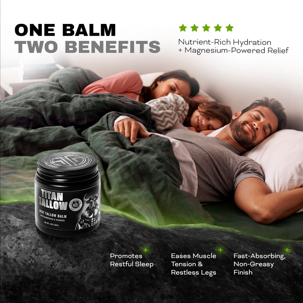 Titan Tallow magnesium detail emphasizes potential muscle relaxation support day or night.