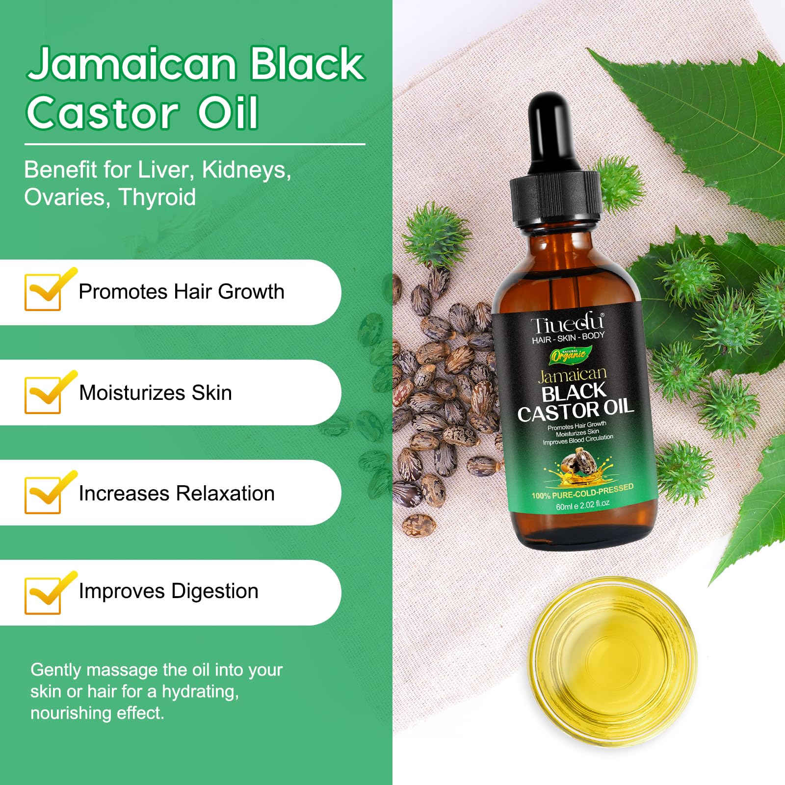 Tiuedu Jamaican Black Castor Oil texture closeup shows rich, silky consistency.