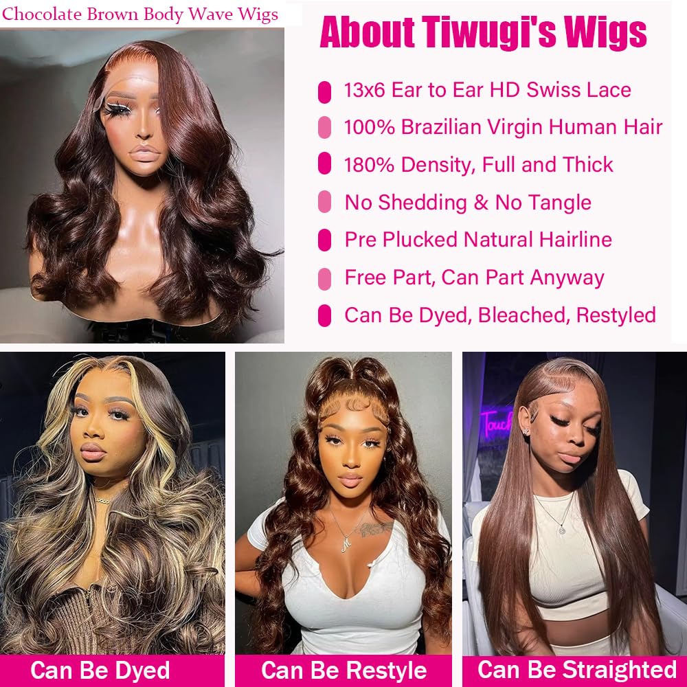 Tiwugi brown body wave hair wig 180% density for full volume.