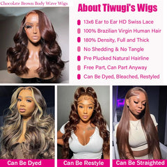 Tiwugi brown body wave hair wig 180% density for full volume.