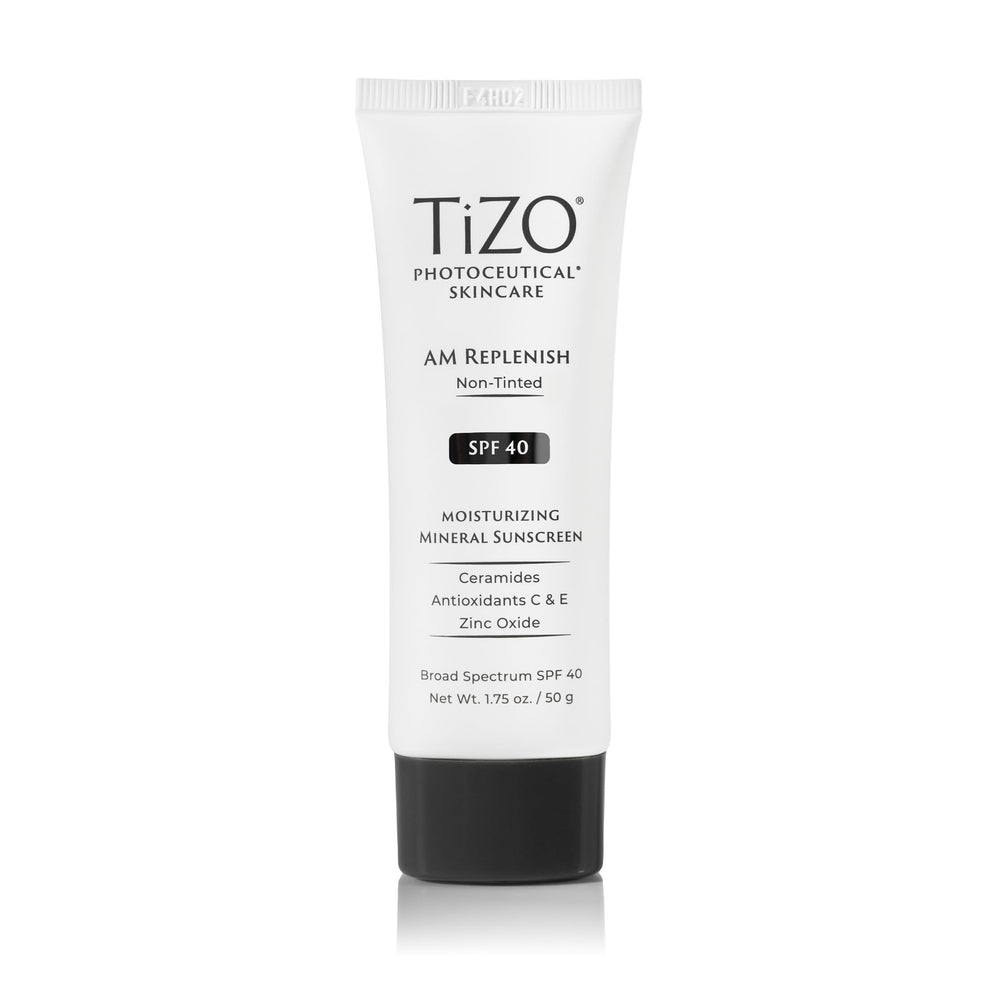 TIZO AM Replenish bottle close-up with mineral SPF 40 and matte finish