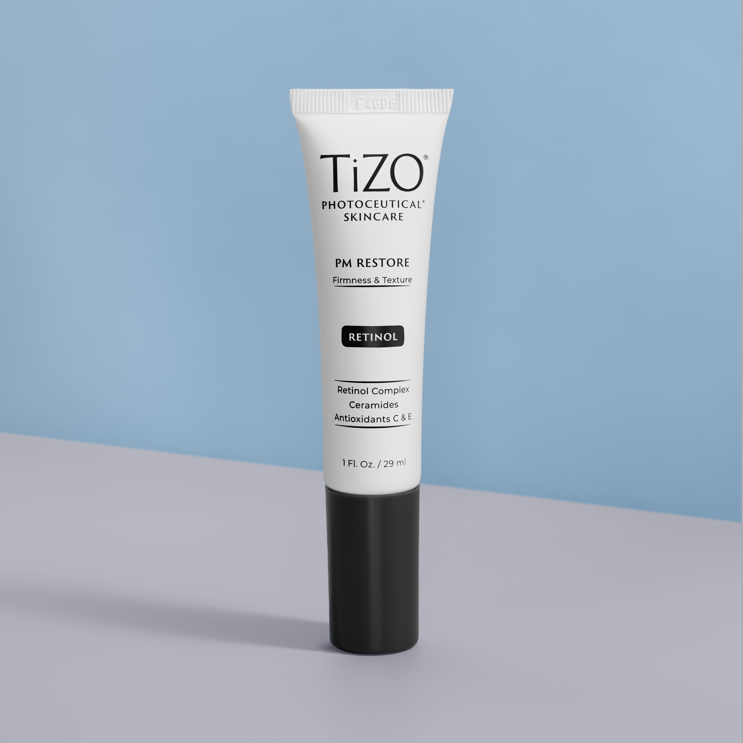 TIZO Photoceutical PM Restore application guide illustrates nightly routine benefits