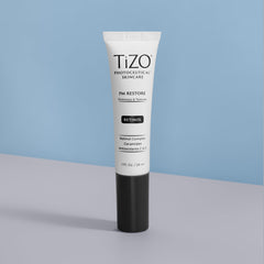 TIZO Photoceutical PM Restore application guide illustrates nightly routine benefits