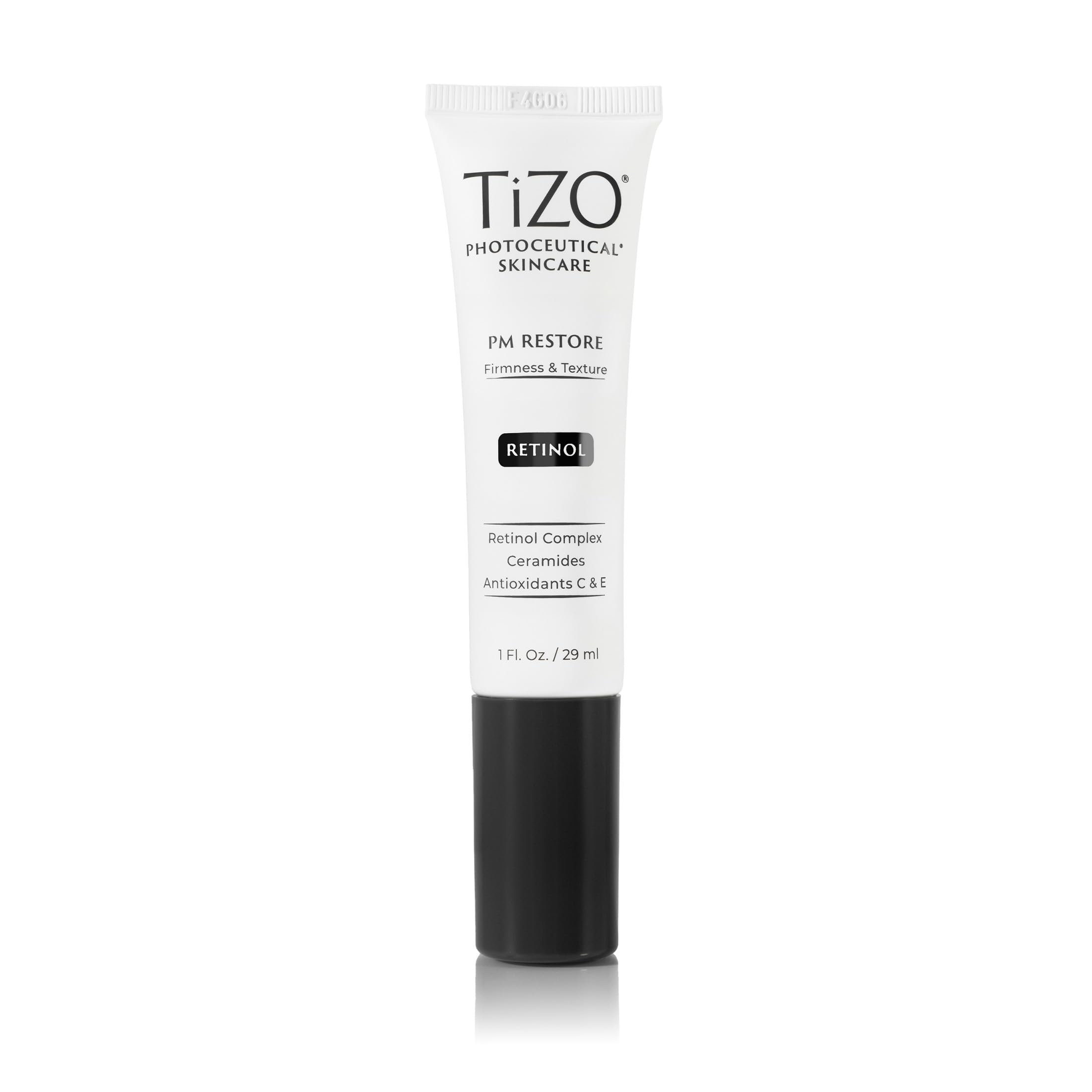 TIZO Photoceutical PM Restore bottle closeup highlighting anti-aging night care