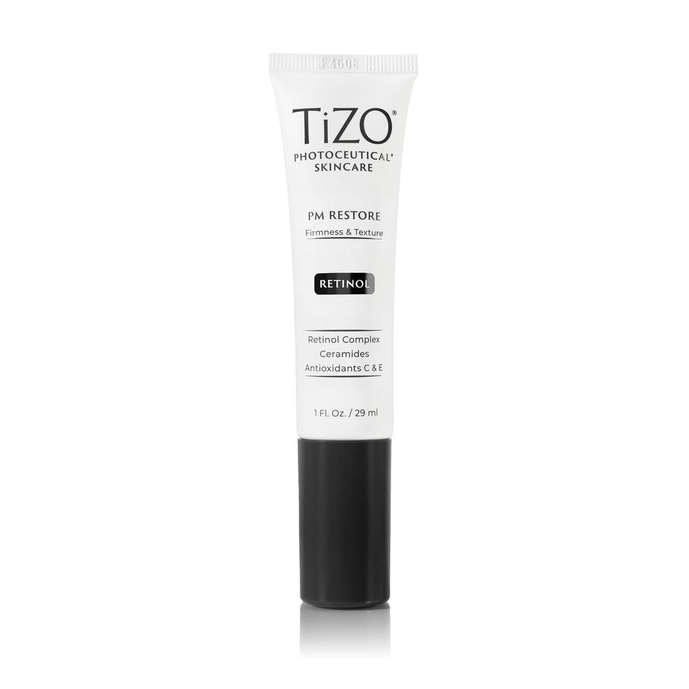 TIZO Photoceutical PM Restore bottle closeup highlighting anti-aging night care