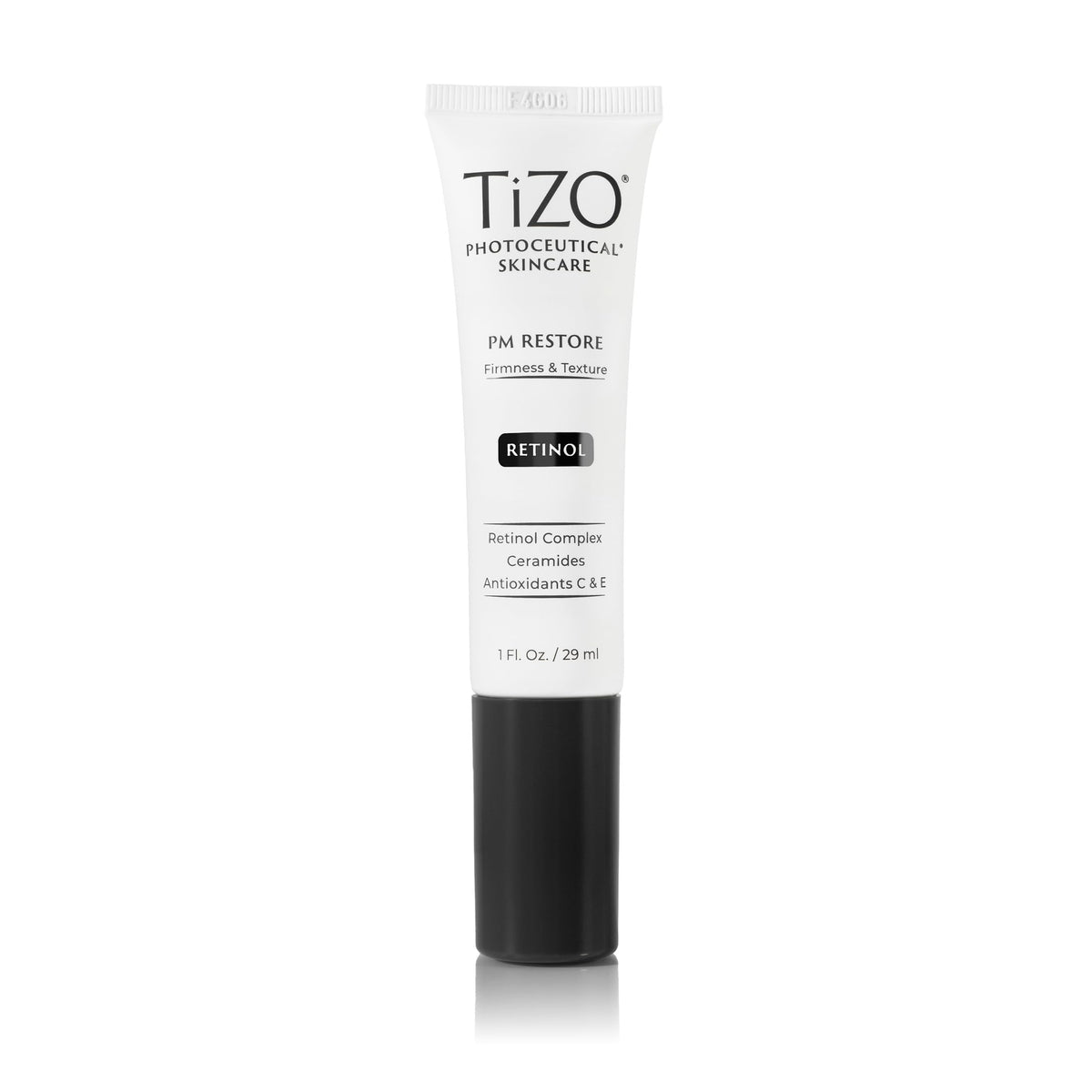 TIZO Photoceutical PM Restore bottle closeup highlighting anti-aging night care
