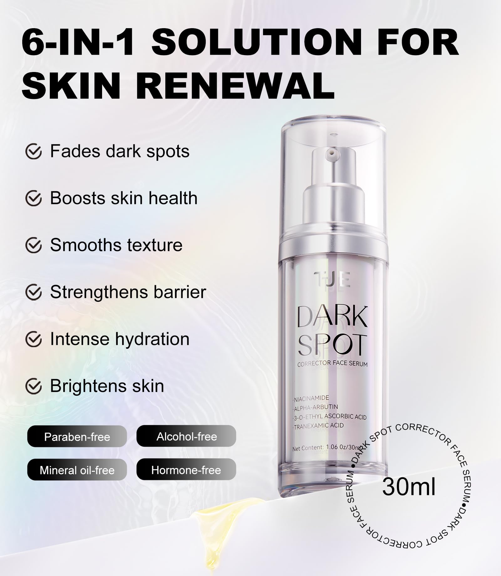 TJE dark-spot-serum application in daylight demonstrates quick absorption and hydration.