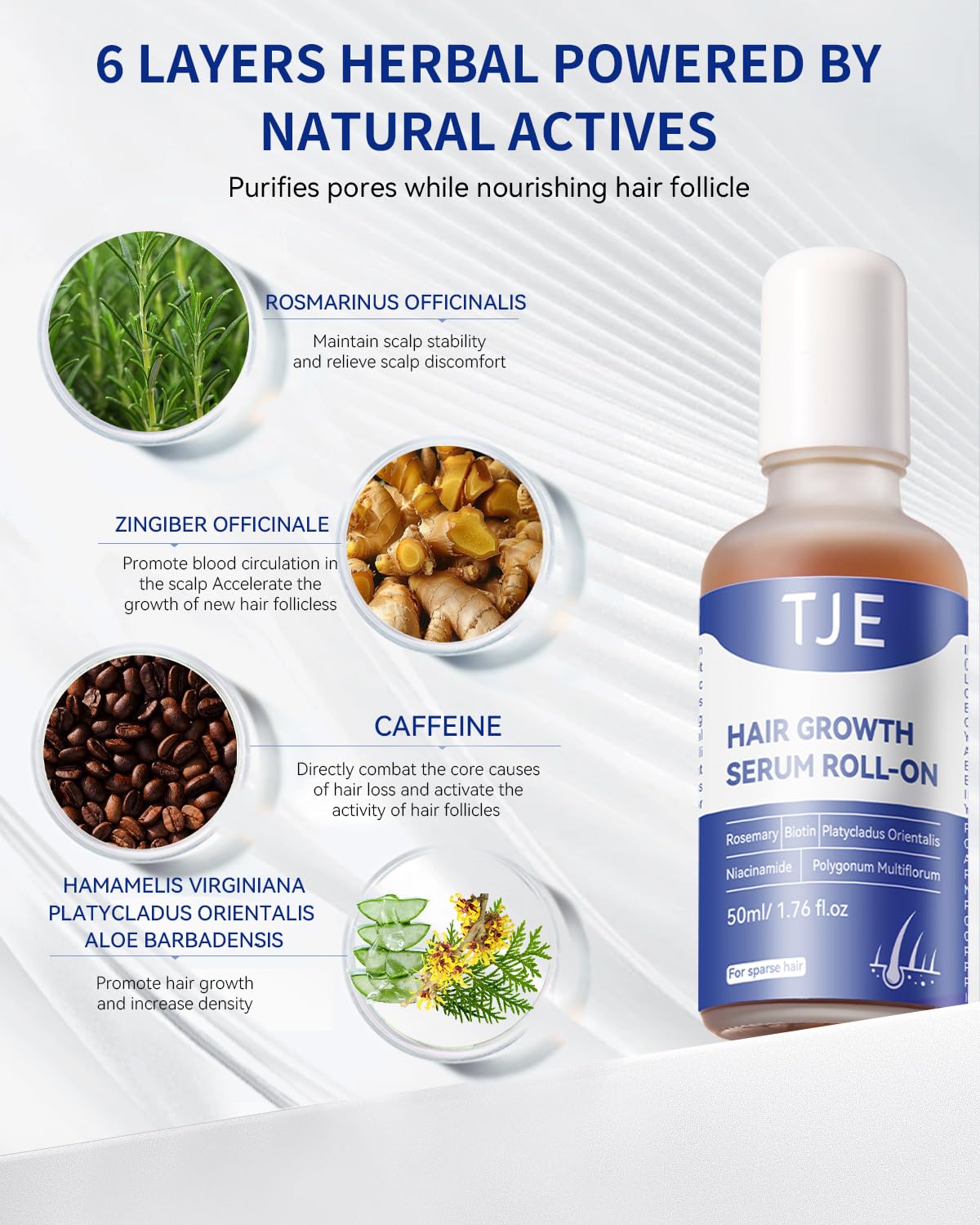 TJE Hair Growth Serum Roll-On bottle label close-up highlights clean formula.