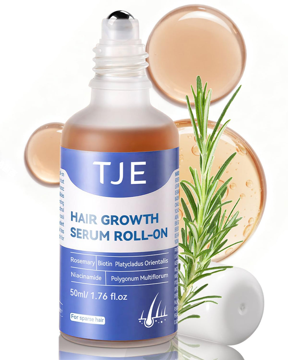 TJE Hair Growth Serum Roll-On bottle pour demonstrates precise, mess-free application for scalp care.