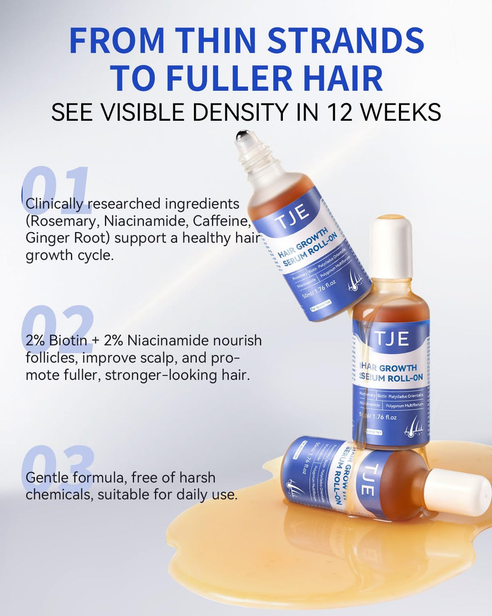 TJE Hair Growth Serum Roll-On no-grease finish supports easy styling.