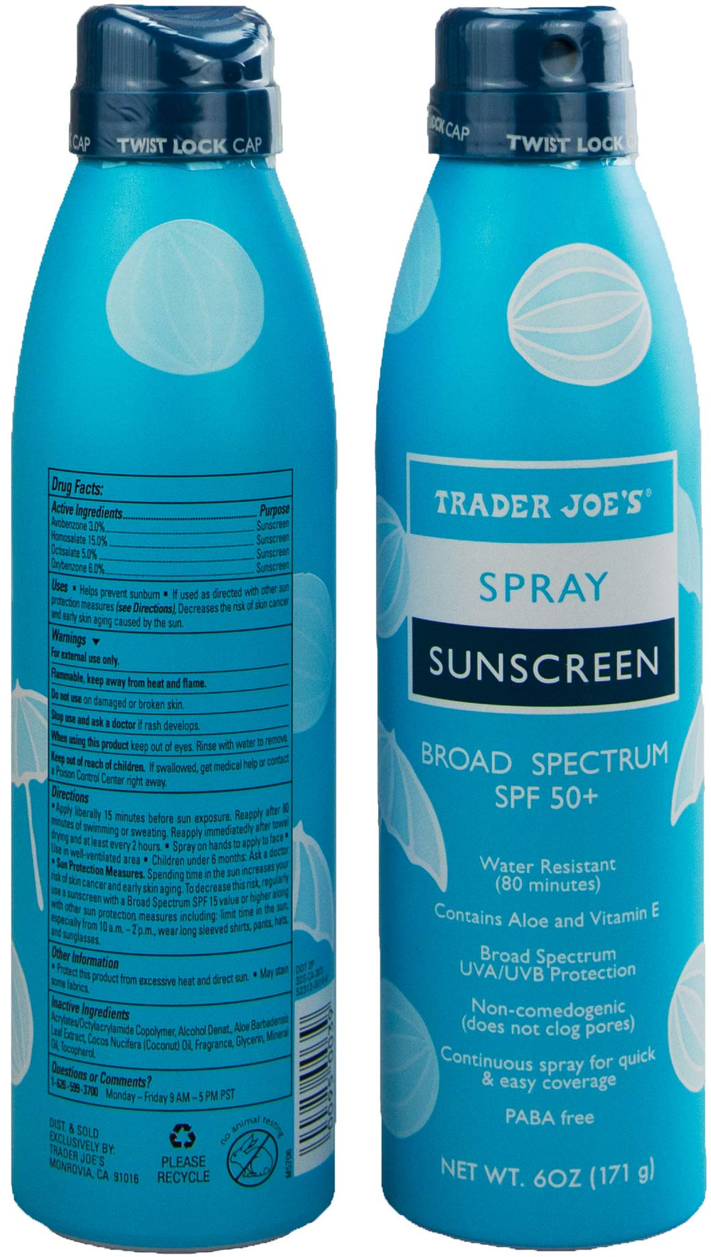 TJ's Nourish Spray Sunscreen SPF 50+ bottle back shows easy application for busy days.