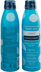 TJ's Nourish Spray Sunscreen SPF 50+ bottle back shows easy application for busy days.