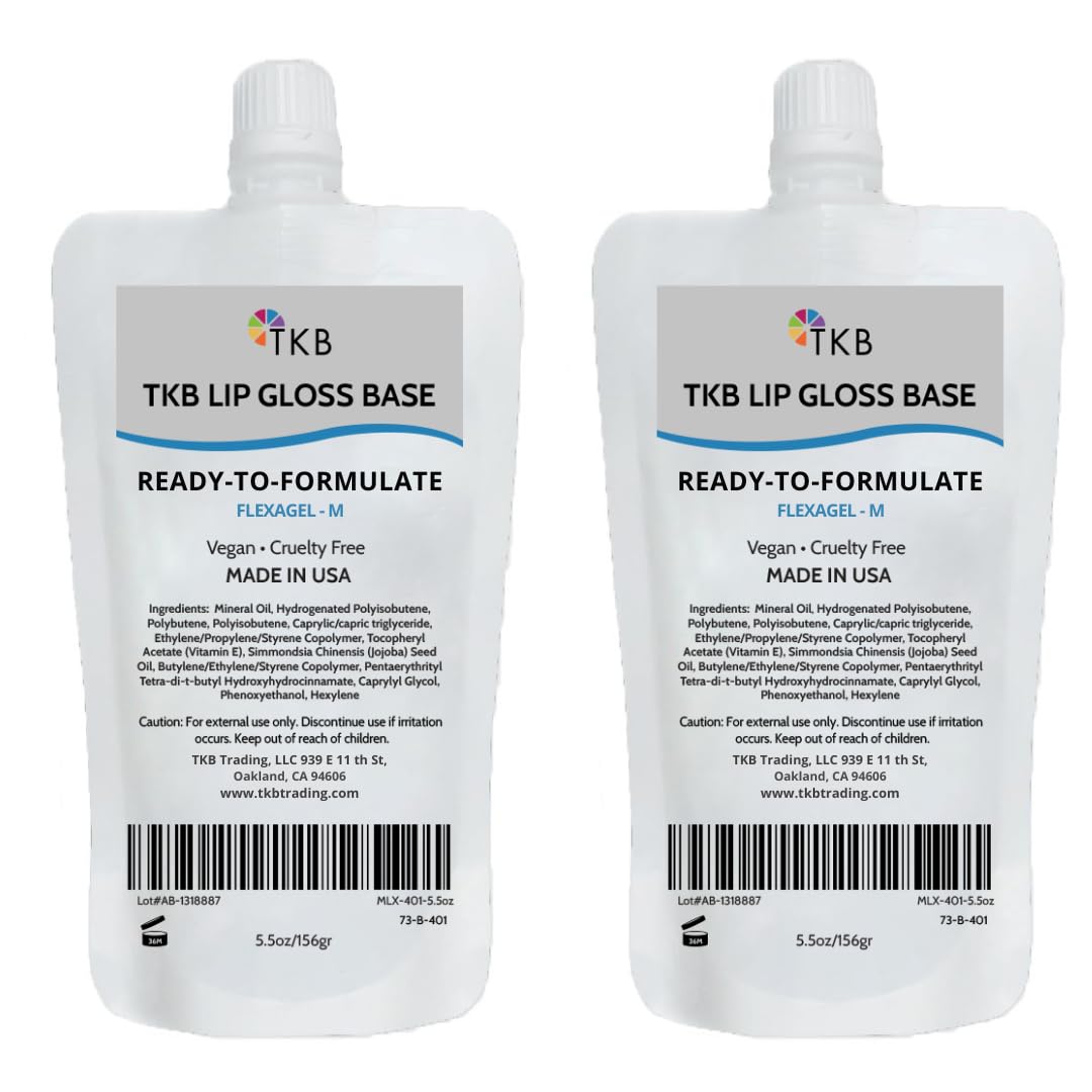 TKB Lip Gloss Base Flexagel M crystal clear bottle closeup showing clarity and potential for even color payoff