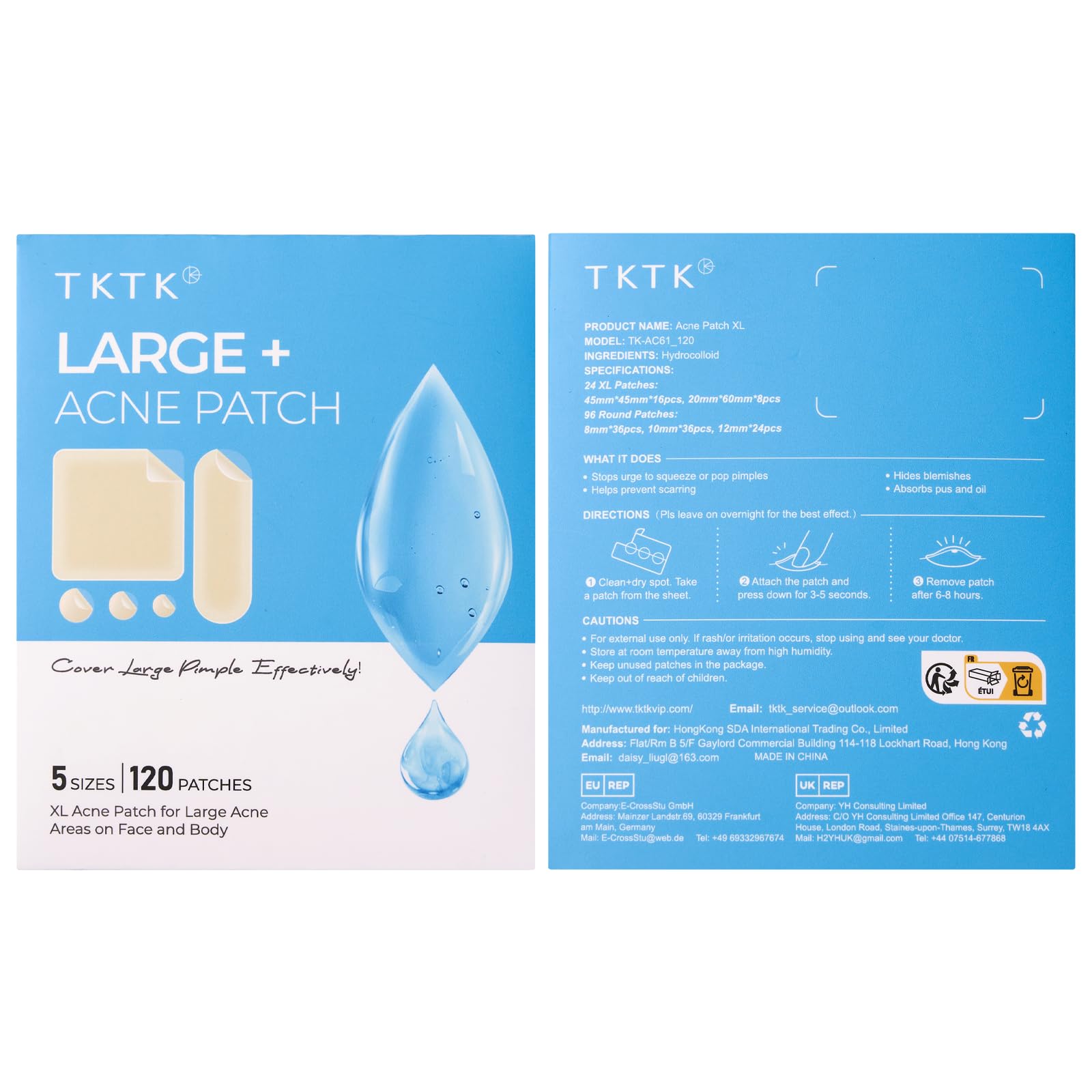TKTK packaging shows 120-count hydrocolloid patches.