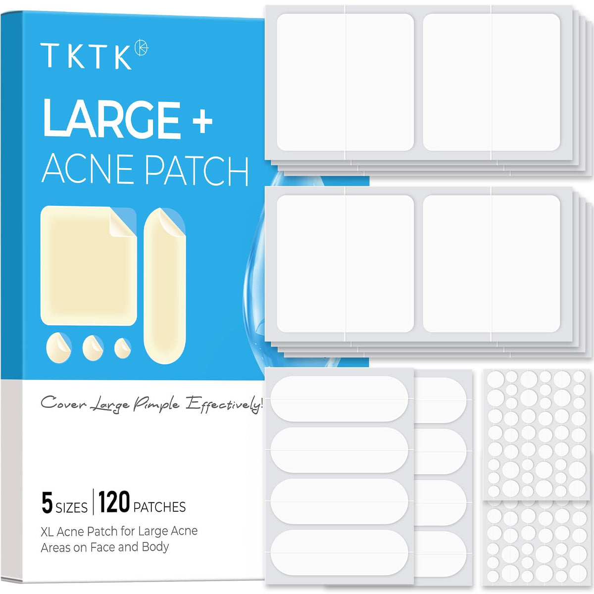 TKTK hydrocolloid square patch (45x45mm) covers large pimples on face and body.