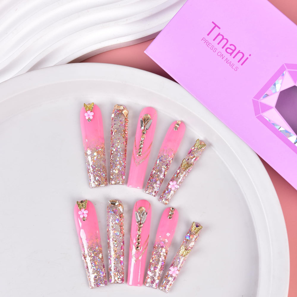 Tmani long square nails with crystal decor for glamorous finish