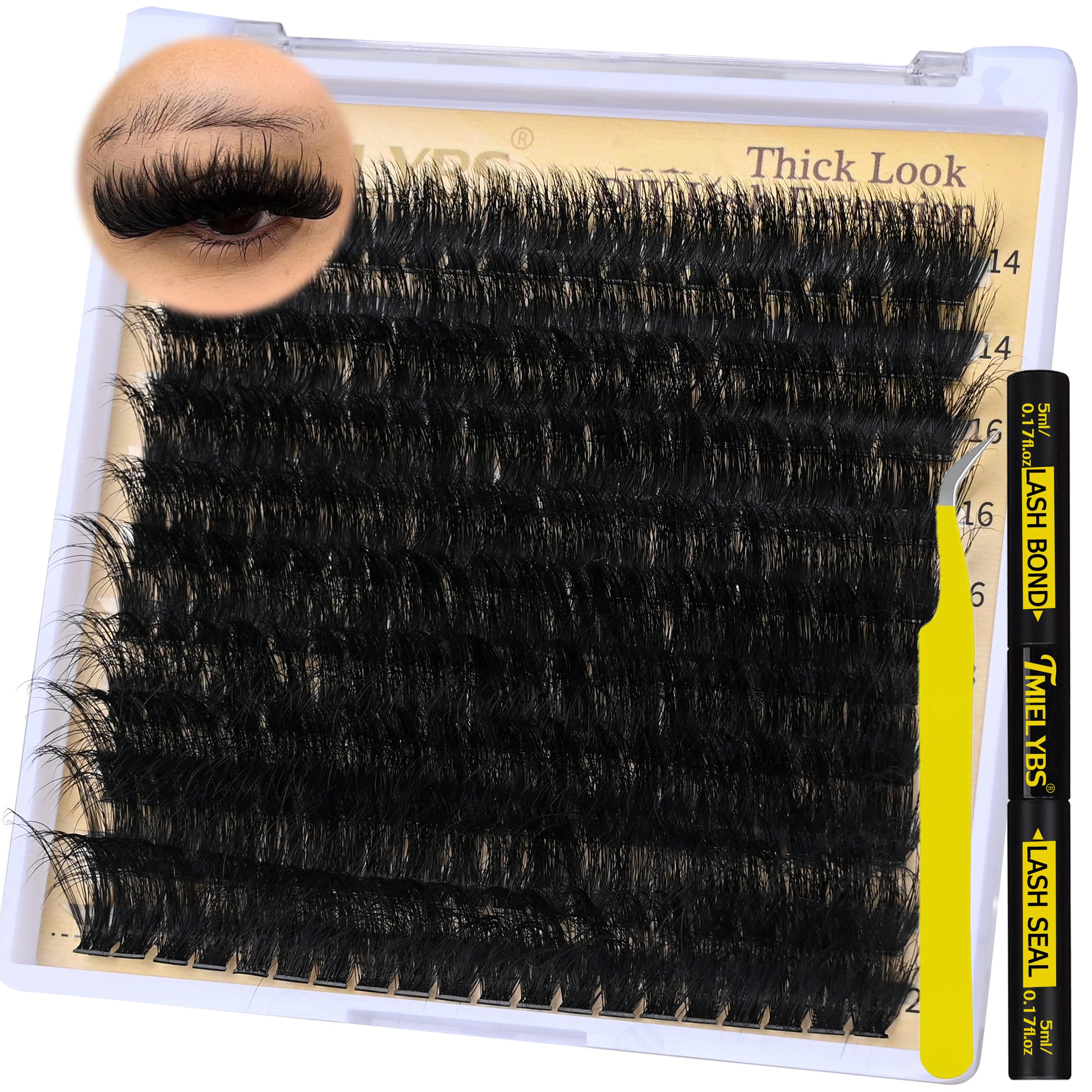 TMIELYBS Thick Lash Clusters Kit shows 14-20mm lengths for versatile volume at home.