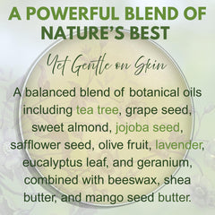 Tea tree oil ingredients highlight natural cleansing benefits.