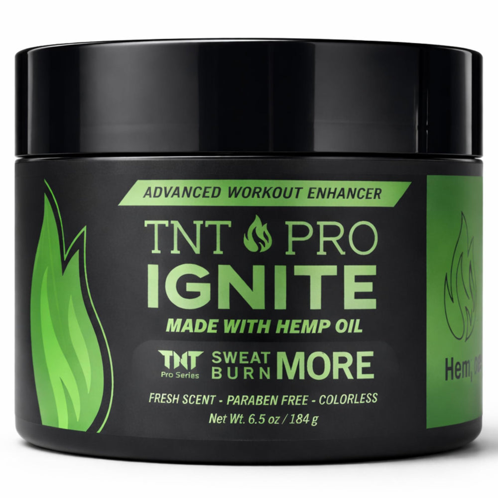 TNT Pro Ignite Sweat Cream bottle closeup promoting pre-workout warming for active workouts.