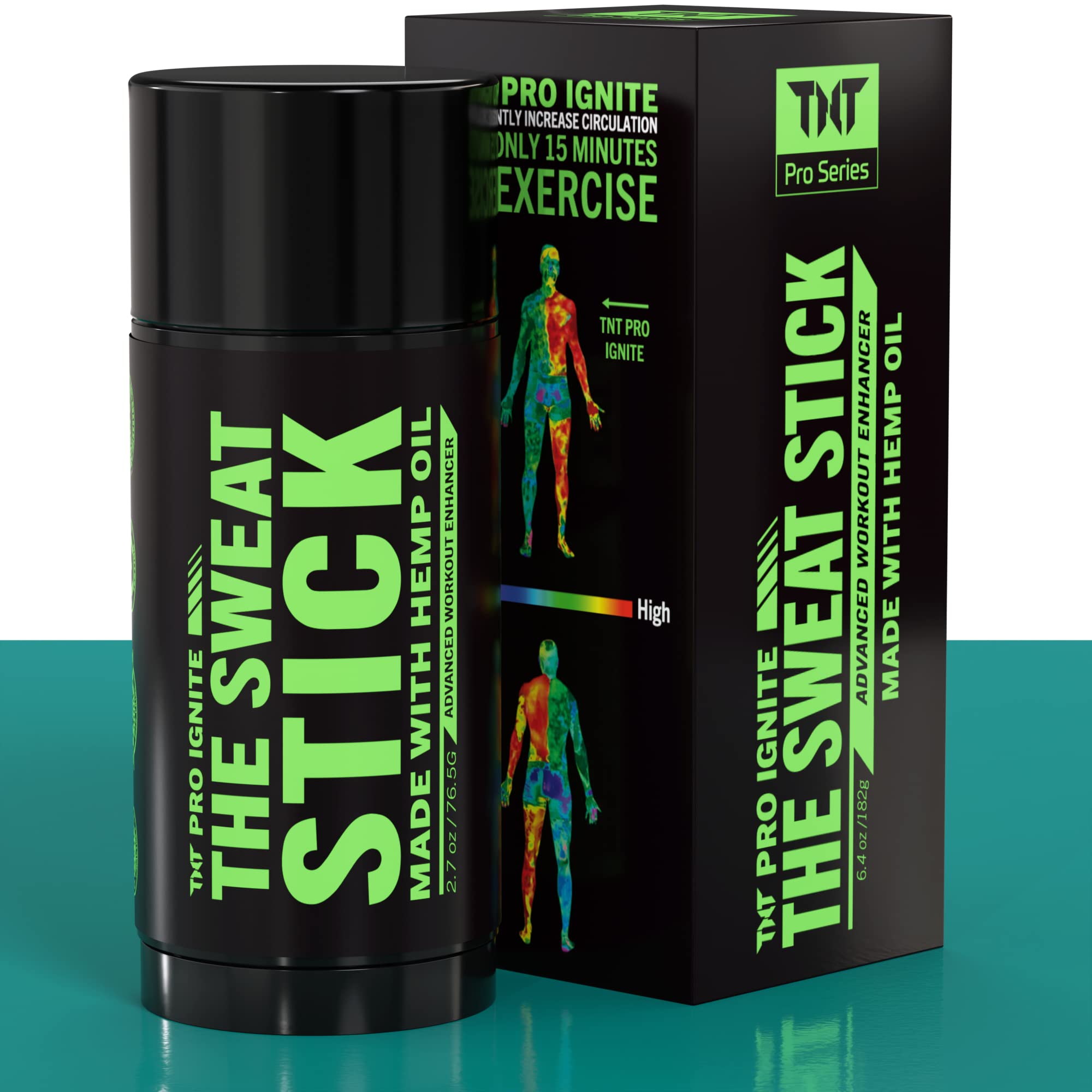 TNT Pro Ignite Sweat Cream Stick close-up on cap shows premium formula for intense workouts.