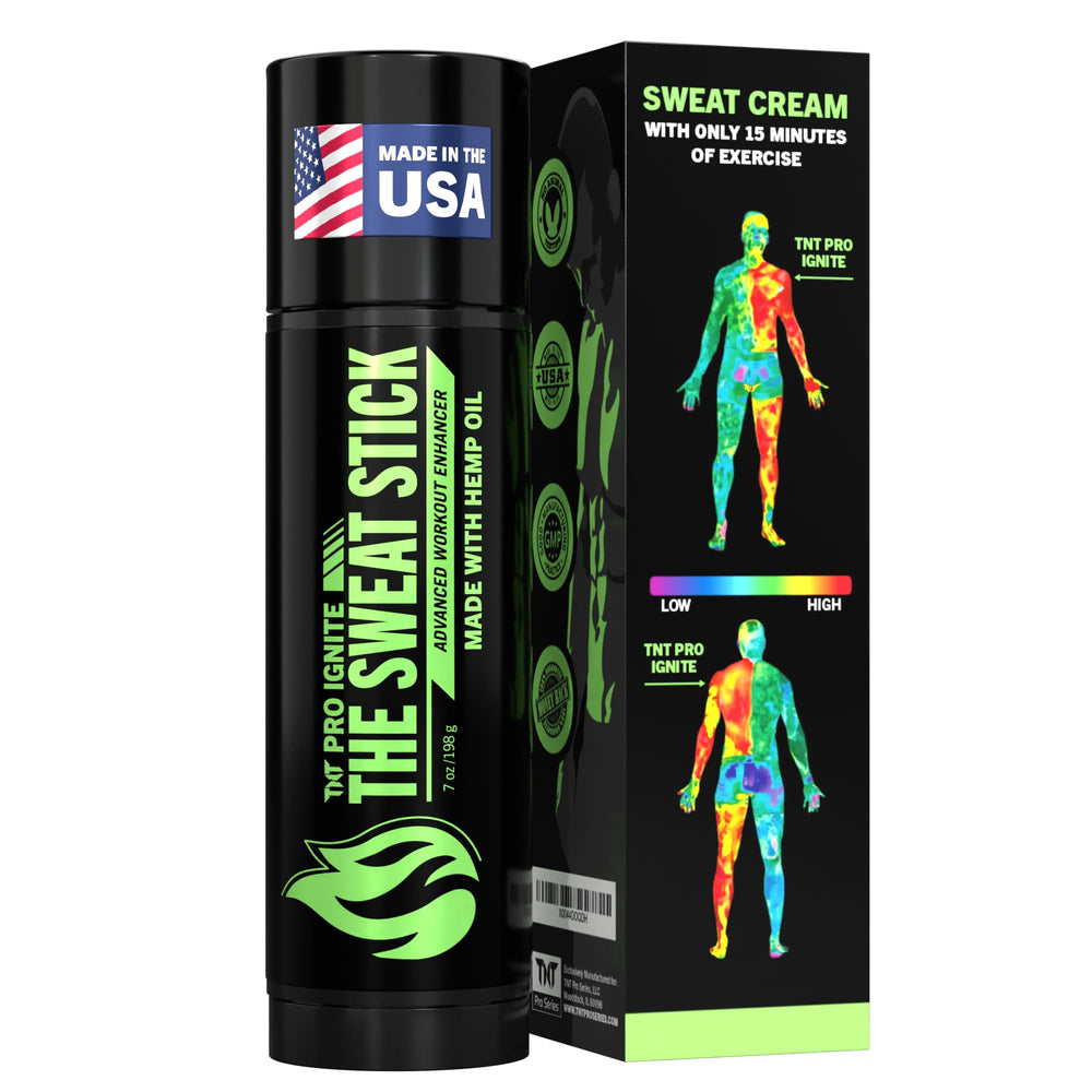TNT Pro Ignite Sweat Cream Stick packaging shown for quick gym bag storage and portability.