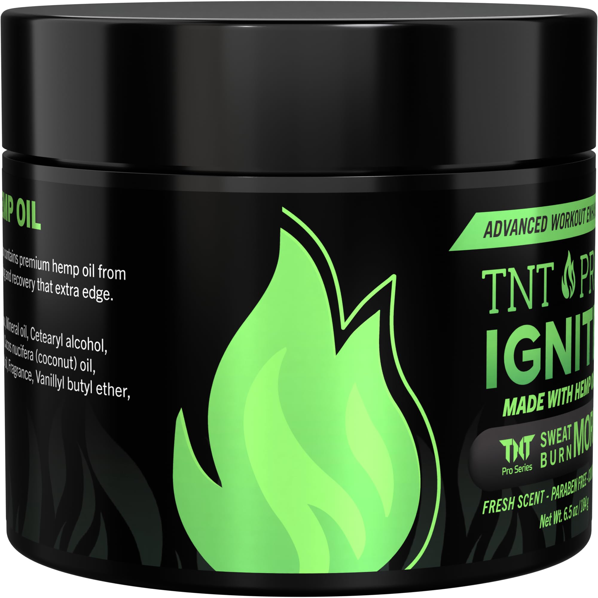 TNT Pro Ignite Sweat Gel packaging close-up highlights clean, paraben-free formula.