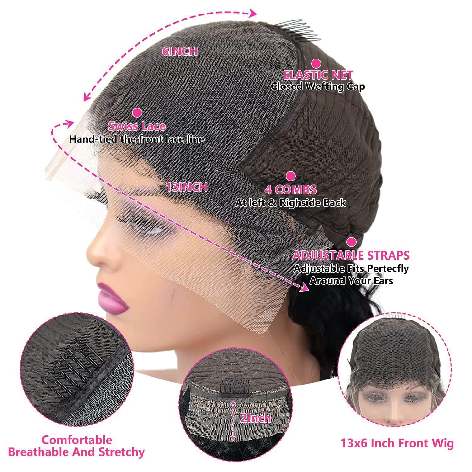 tobasew average cap size 22-22.5 with four combs for a secure fit